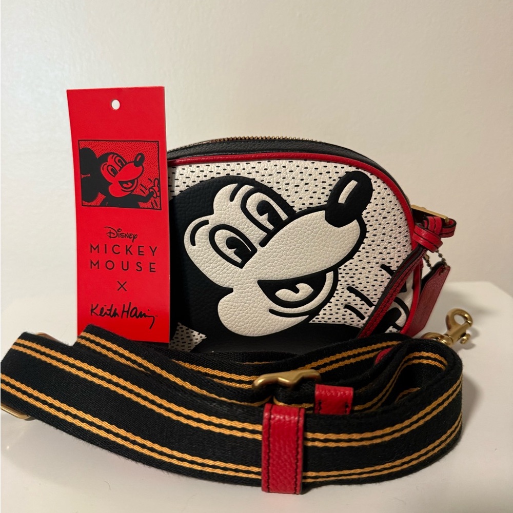 Coach Disney Mickey Mouse Black and White Crossbody Bag with Red Trim